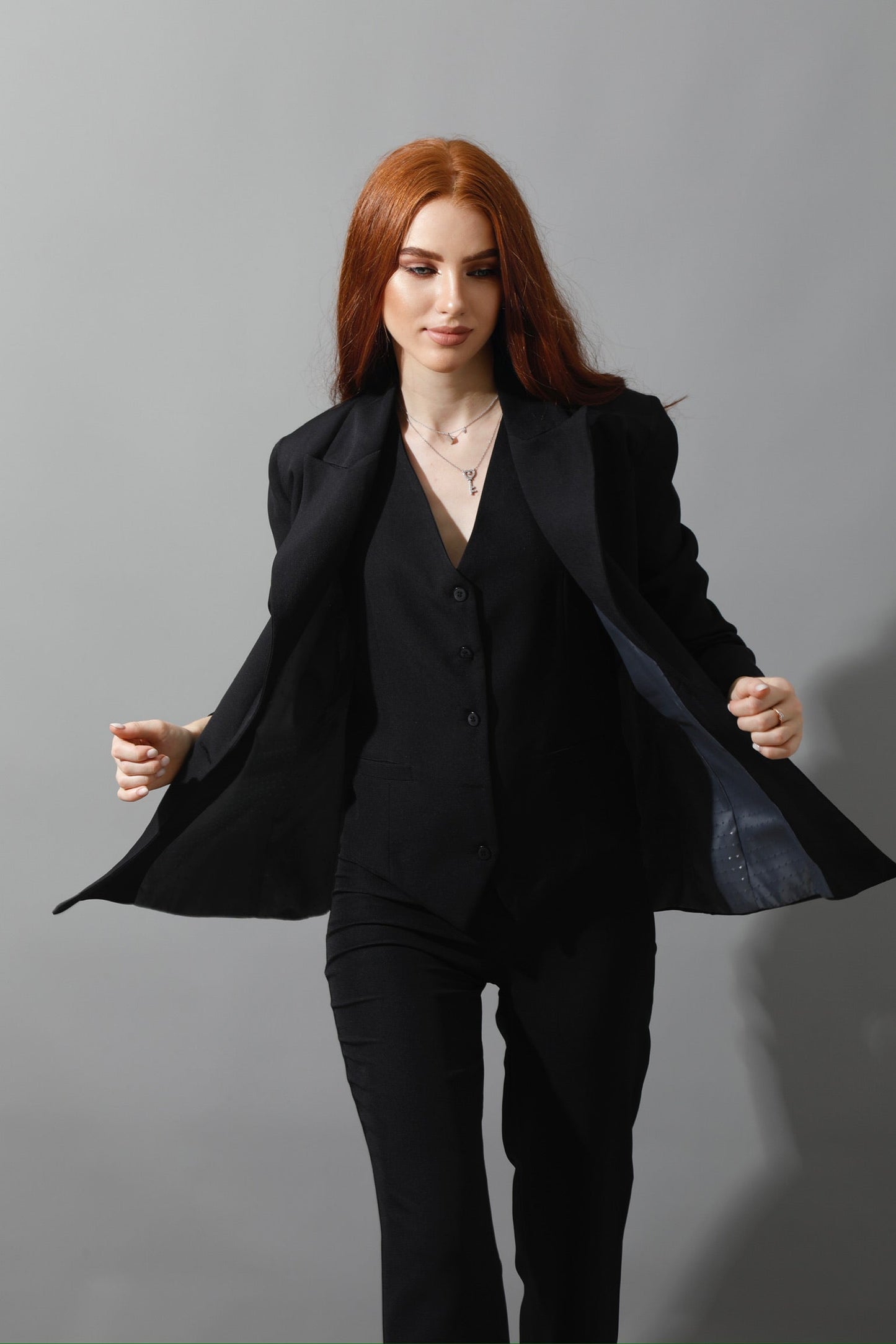 Double Breasted Blazer, Pants & Vest Set - Black