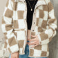 Brown Checked Snap Button Zip Pockets Sherpa Jacket