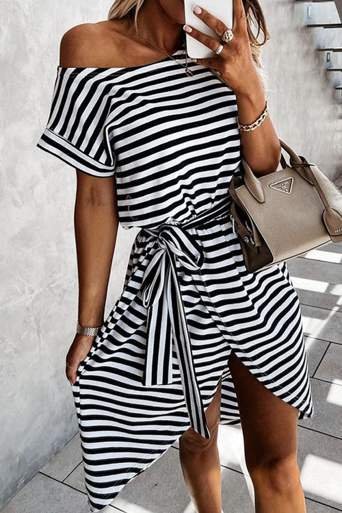 Striped print mini dress, black