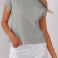 Gray Patch Pocket Ribbed Knit Short Sleeve Sweater