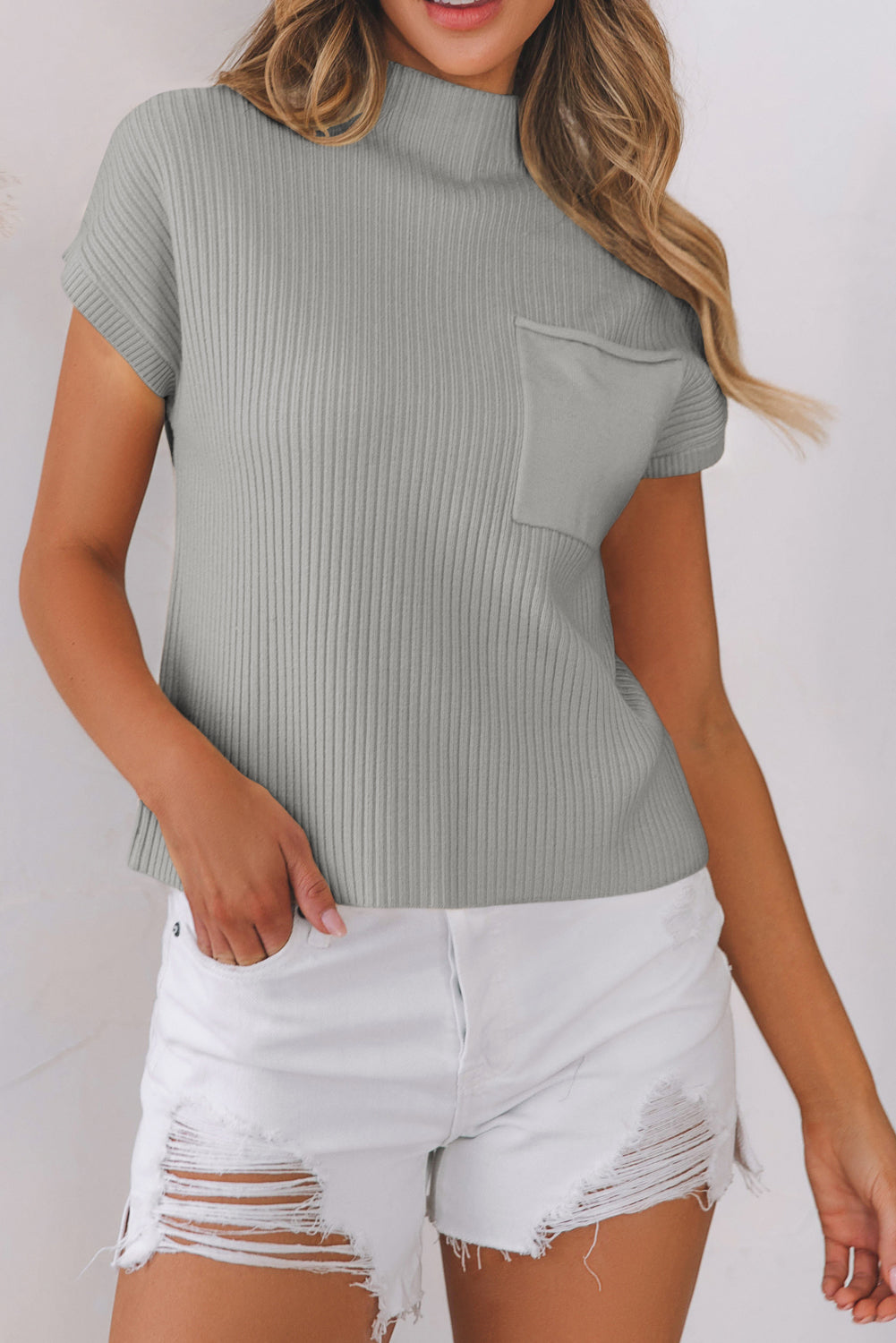 Gray Patch Pocket Ribbed Knit Short Sleeve Sweater