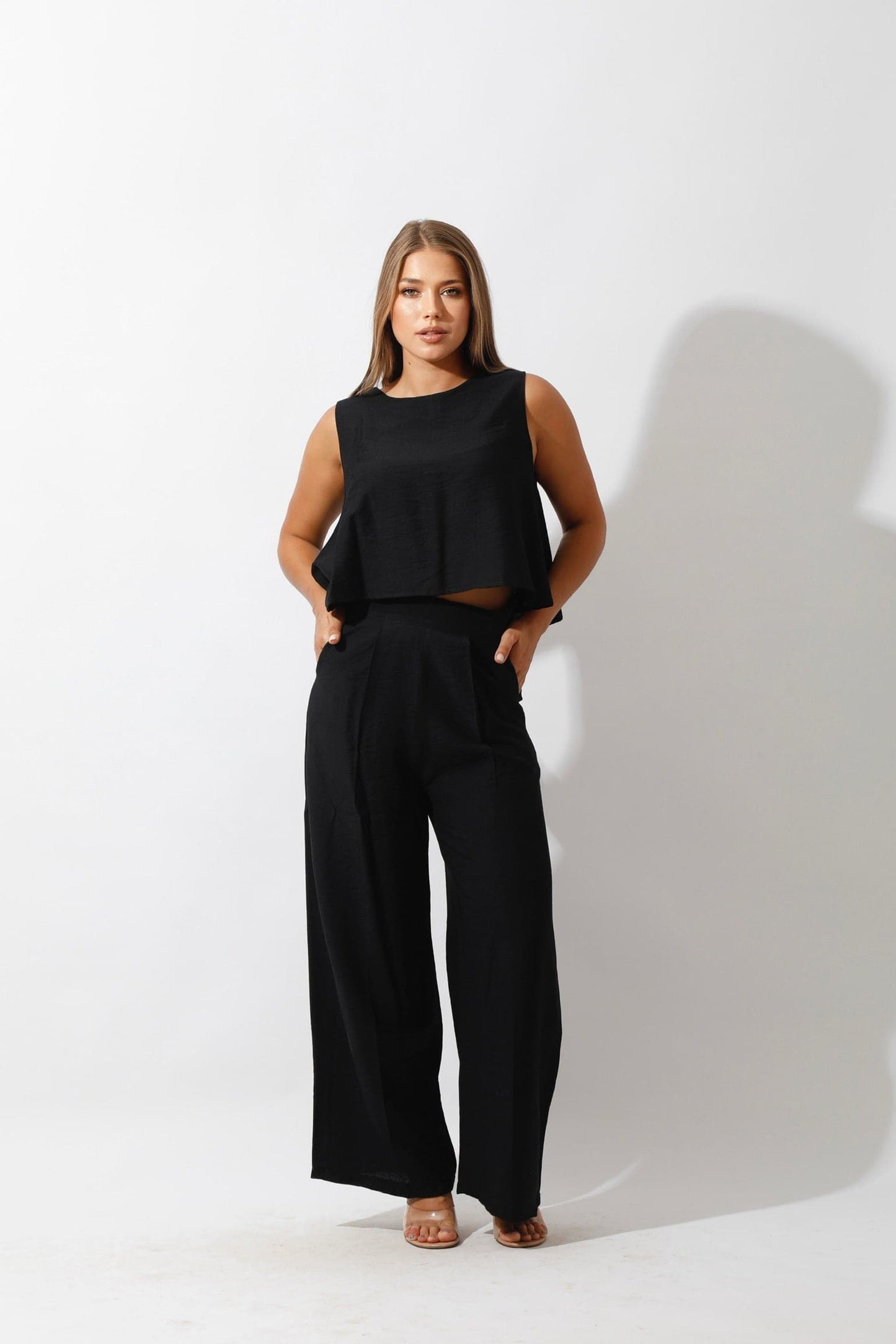 Sleeveless Tank Top & Wide Leg Pants Lounge Set - Black