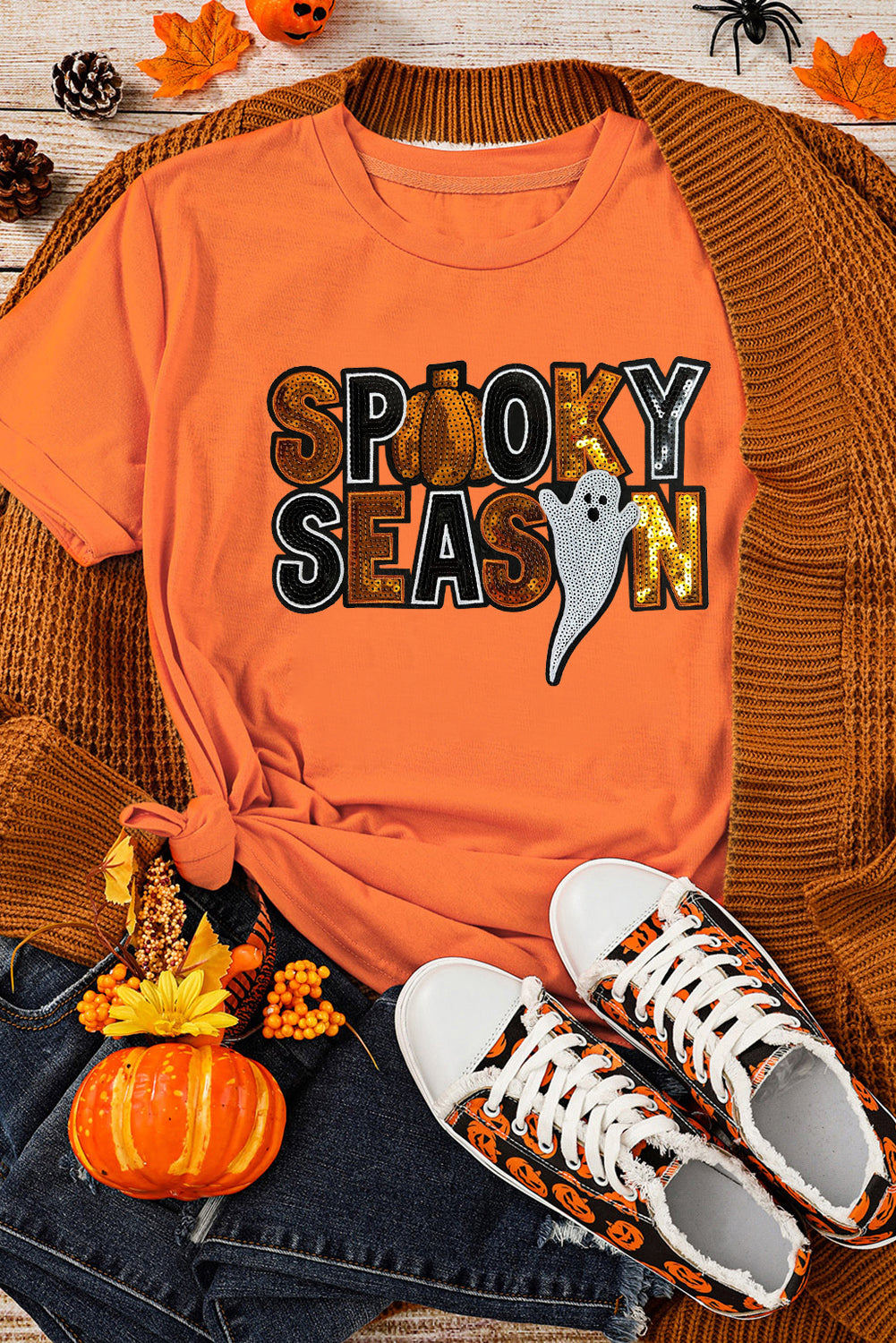 Orange SPOOKY SEASON Sequin Ghost Graphic Tee