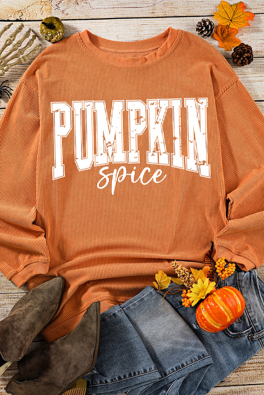 Orange Crinkle Ribbed PUMPKIN Spice Graphic Crewneck Sweatshirt