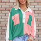 Pink Colorblock Ribbed Collared Oversized Sweatshirt