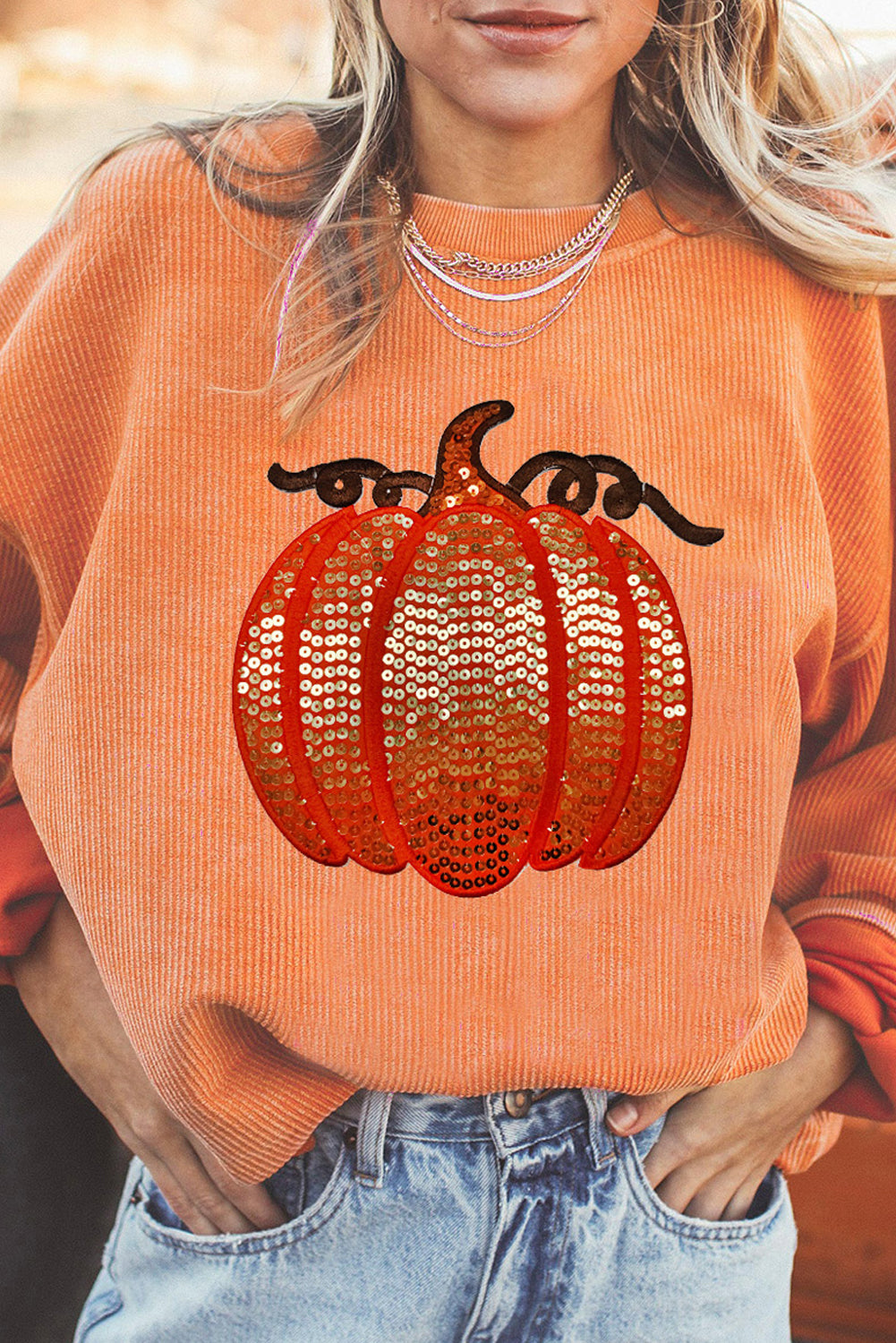 Apricot Crinkle Ribbed Halloween Sequin Pumpkin Graphic Sweatshirt