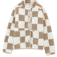 Brown Checked Snap Button Zip Pockets Sherpa Jacket