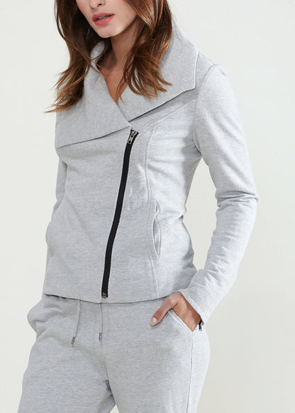 Women's Oversized Collar Zip-Up Moto Jacket In Heather Grey