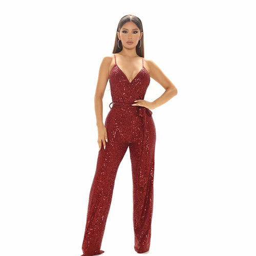 Sleeveless Open Back Solid Sequin Slim Fit Fashion Sling Jumpsuit