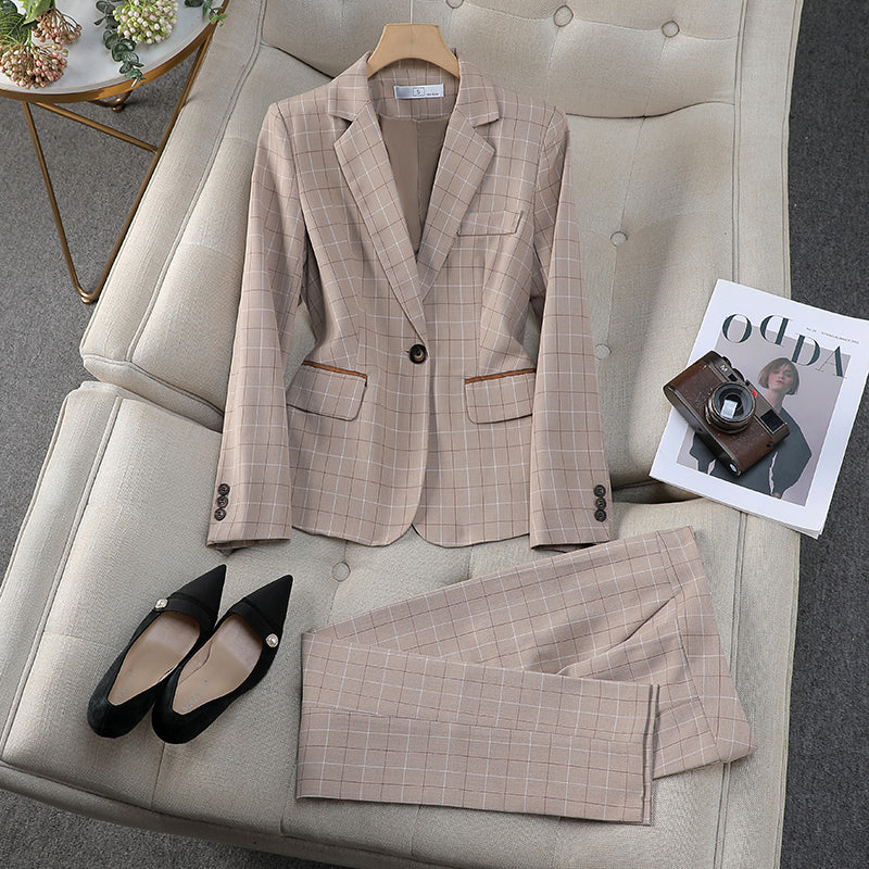 Fashion Office Ladies Pant Suit Women Blue Khaki Plaid Female Work Wea