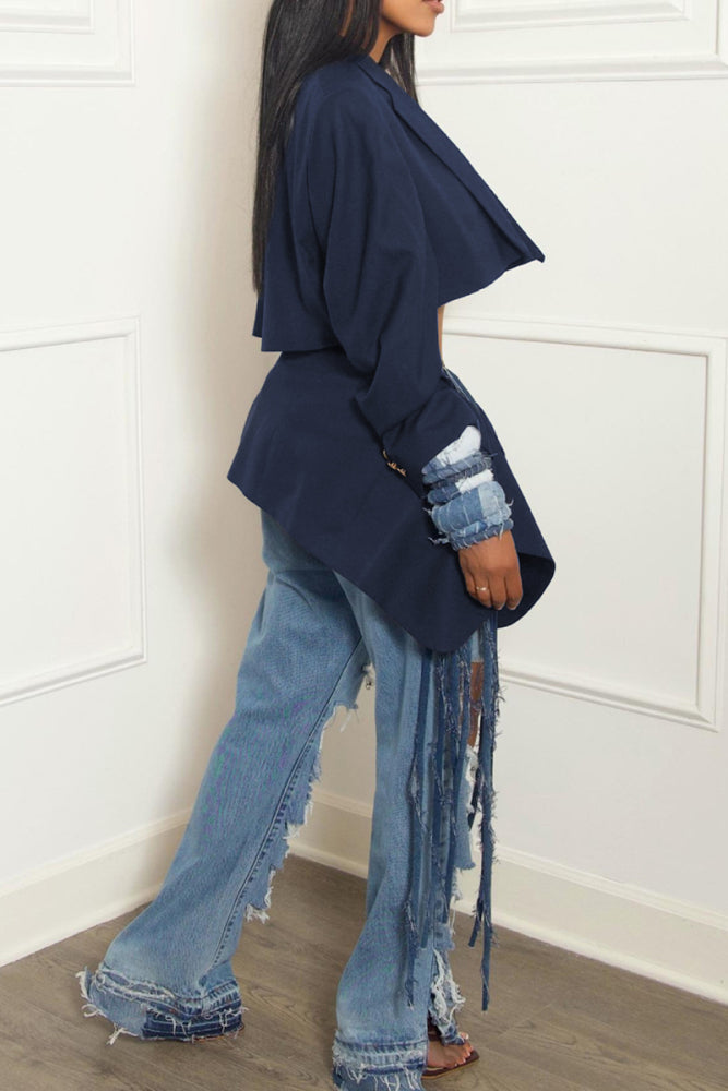 Street Strap Design Turn-back Collar Long Sleeve Cut Out Irregular Hem Blazer Tops And Ripped Denim Jeans Two Pieces Trouser Sets