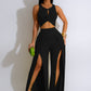 Summer Fashion Street Two Piece Set Women Sexy Solid Sleeveless Top Split Wide Leg Pants Two Piece Set Women