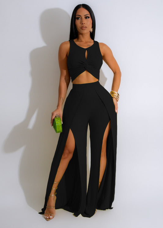 Summer Fashion Street Two Piece Set Women Sexy Solid Sleeveless Top Split Wide Leg Pants Two Piece Set Women