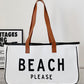 White BEACH PLEASE Print Large Canvas Tote Bag