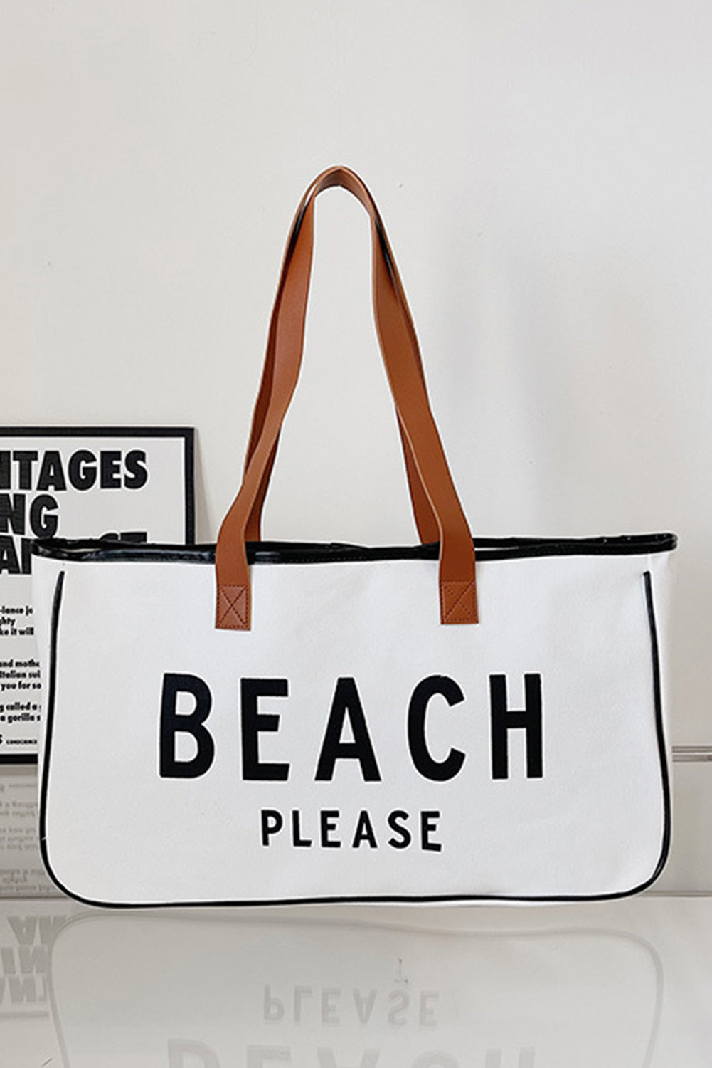 White BEACH PLEASE Print Large Canvas Tote Bag