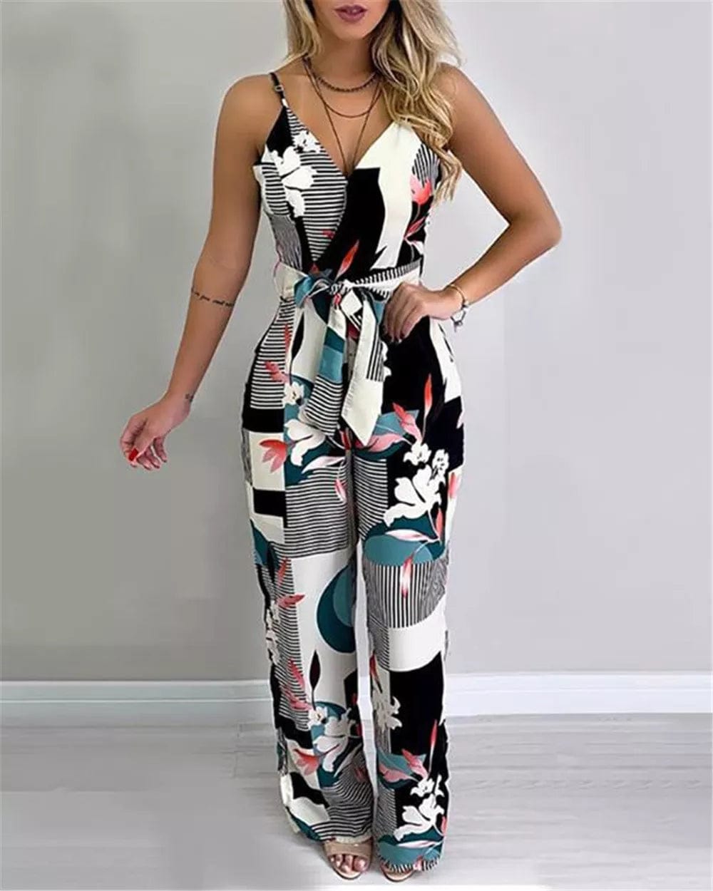 Alpha C Apparel Women Wide Leg Long Pants Jumpsuit Floral Printed Sling V-Neck Low Chest Loose Romper Long Jumpsuit Back Zipper Up Summer alibaba