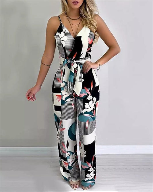 Alpha C Apparel Women Wide Leg Long Pants Jumpsuit Floral Printed Sling V-Neck Low Chest Loose Romper Long Jumpsuit Back Zipper Up Summer alibaba XL / A