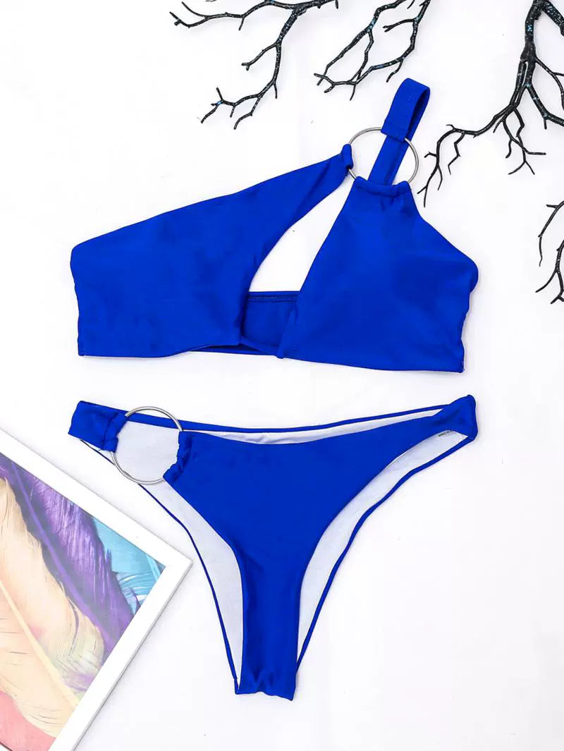 Women Solid Beach Swimsuit Bikini Ring One Shoulder Triangle Split Bikini bikini Aliexpress Blue / S