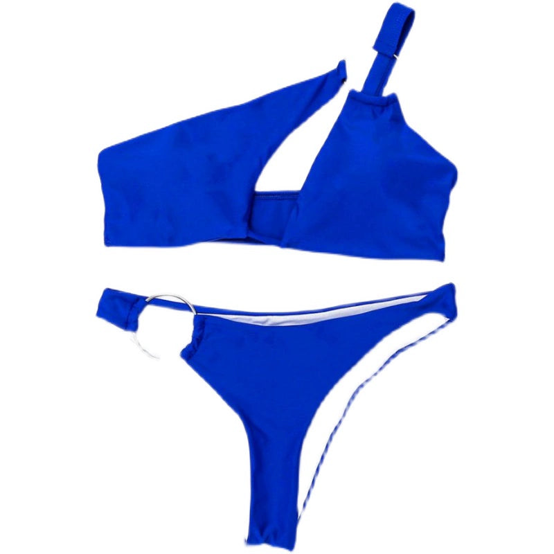 Women Solid Beach Swimsuit Bikini Ring One Shoulder Triangle Split Bikini bikini Aliexpress