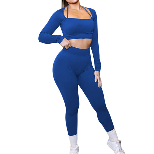 Womens 2 Pieces Ribbed Yoga Set Long Sleeve Gym Set Crop Tops and High Waist Leggings for Women Outfits Tracksuits Alpha C Apparel A-Blue / S