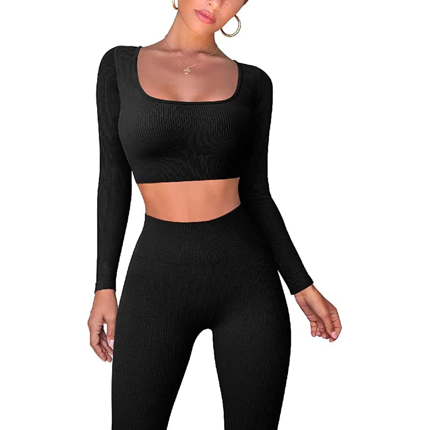 Womens 2 Pieces Ribbed Yoga Set Long Sleeve Gym Set Crop Tops and High Waist Leggings for Women Outfits Tracksuits Alpha C Apparel B-Black / S