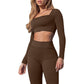 Womens 2 Pieces Ribbed Yoga Set Long Sleeve Gym Set Crop Tops and High Waist Leggings for Women Outfits Tracksuits Alpha C Apparel B-Brown / S