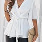 Women's Solid Wrap Belted V-neck Blouse H8LBSR6XTU Blouses Alpha C Apparel L / White