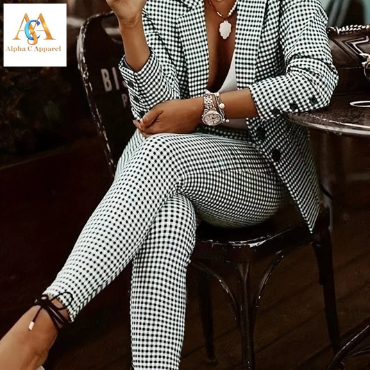 Women's Plaid Print Two-Piece Set business suit Alpha C Apparel S(4) / Mixed Color