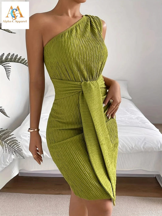 Flattering One Shoulder Dress - Perfect for Spring & Summer casual dress Alpha C Apparel S(4) / Matcha Color