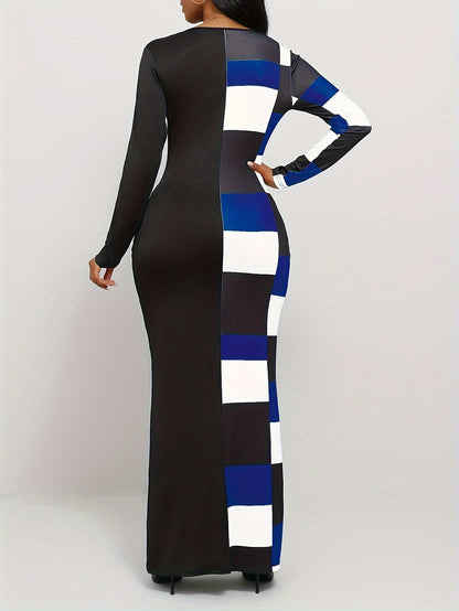 Alpha C Apparel Women's Spring & Fall Notch Neck Split Dress Casual dress Alpha C Apparel XS(2) / Blue+Black