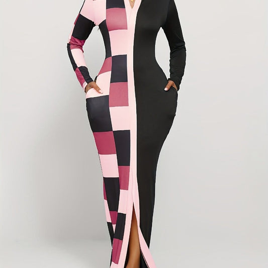 Alpha C Apparel Women's Spring & Fall Notch Neck Split Dress Casual dress Alpha C Apparel XS(2) / Pink+Black