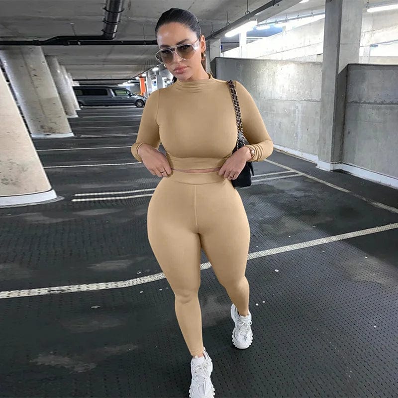 Winter Fitness 2 Two Piece Set Women Lounge wear Long Sleeve Crop Top + Leggings Bodycon Tracksuit Women Outfits Jogging Femme Alpha C Apparel champagne / XS