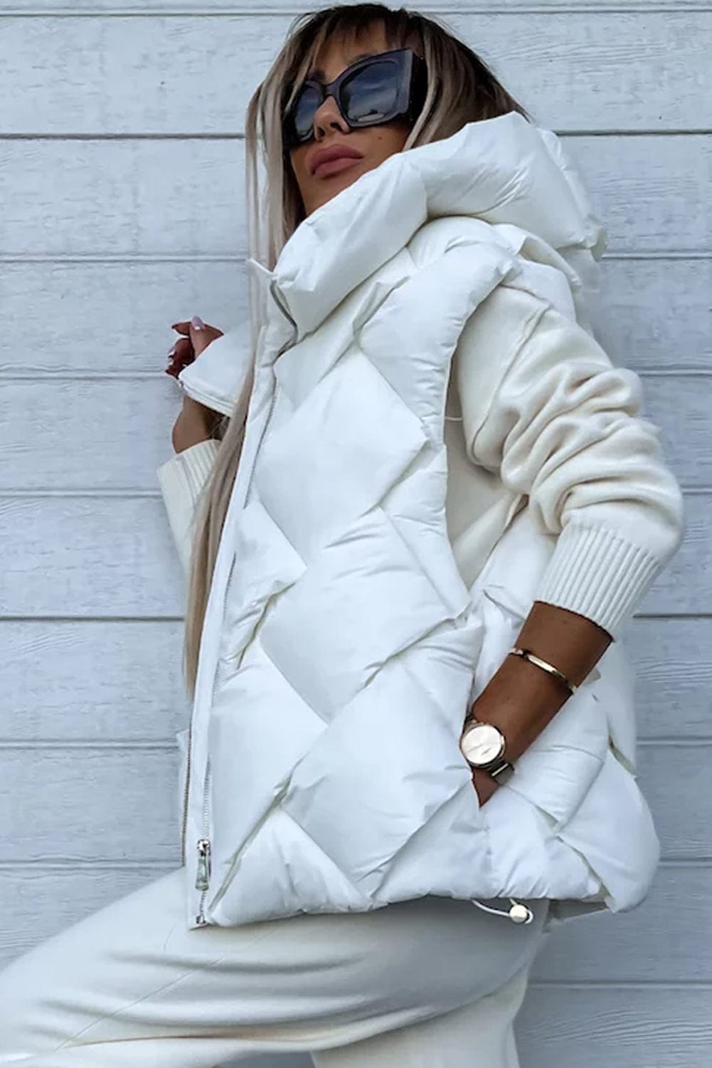 White Quilted Zipper Front Thermal Hooded Vest Coat Coats Alpha C Apparel