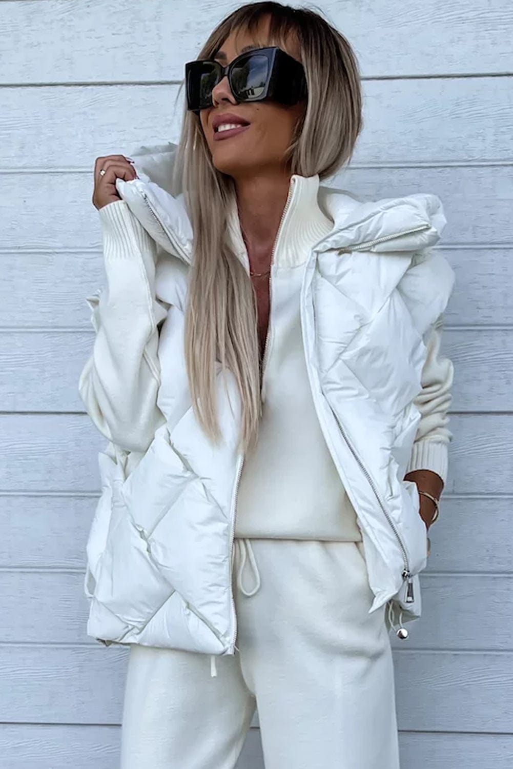 White Quilted Zipper Front Thermal Hooded Vest Coat Coats Alpha C Apparel