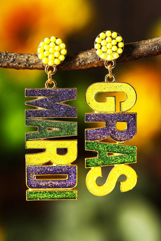 Yellow MARDI GRAS Shiny Letter Pendant Earrings Earrings Alpha C Apparel Yellow / ONE SIZE