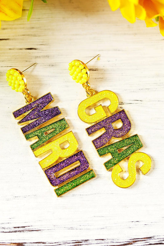 Yellow MARDI GRAS Shiny Letter Pendant Earrings Earrings Alpha C Apparel Yellow / ONE SIZE