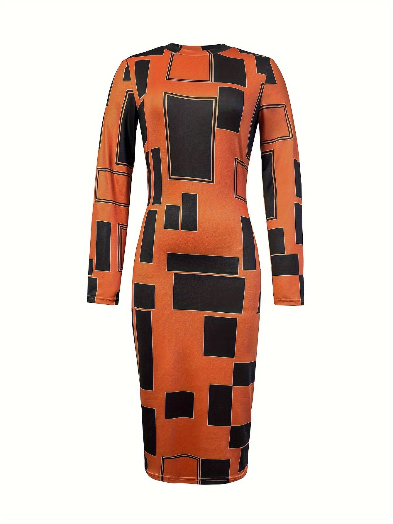 Geo Print Bodycon Mock Neck Dress, Elegant Long Sleeve Dress For Spring & Fall, Women's Clothing Alpha C Apparel