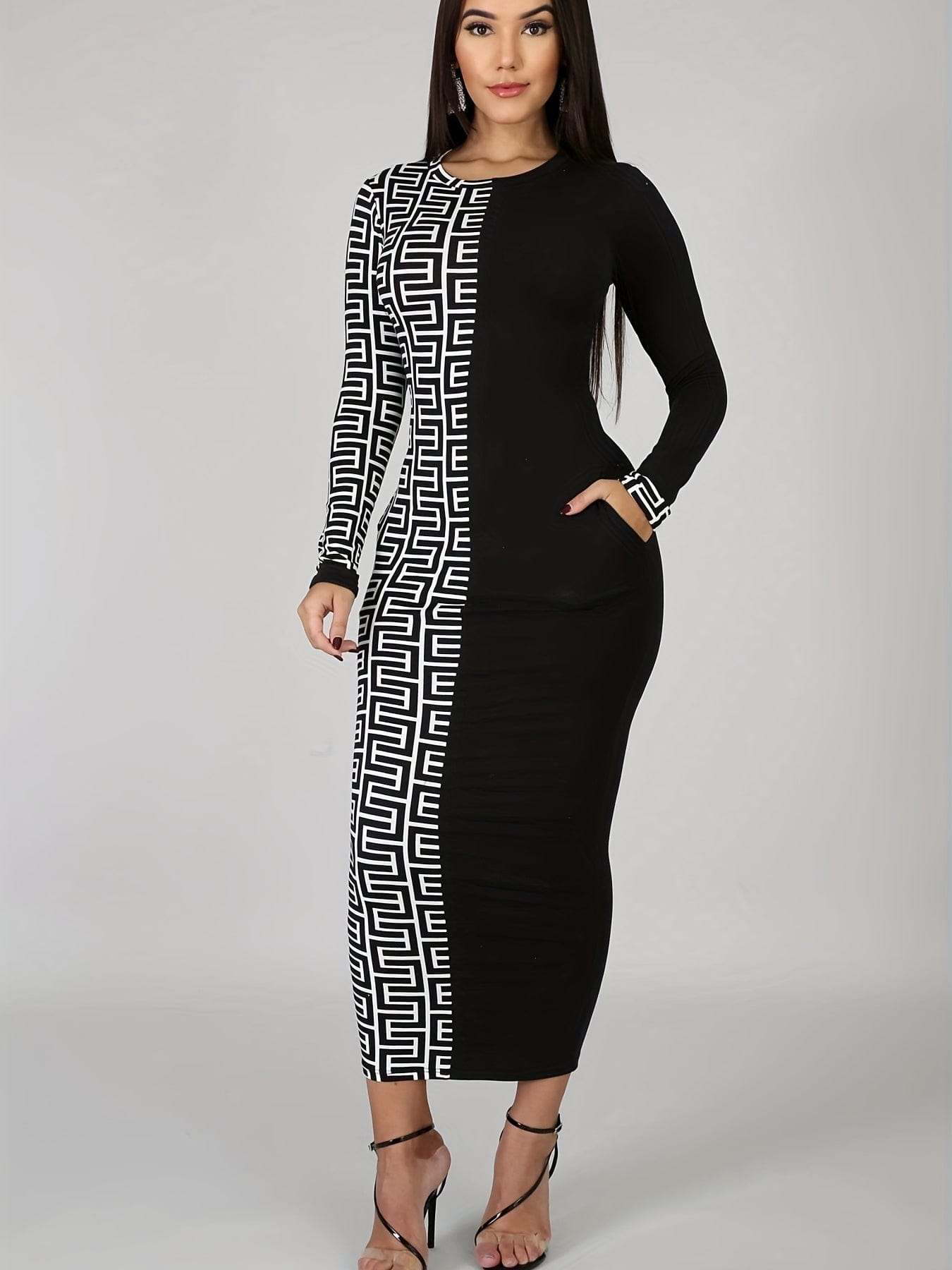 Geo Print Contrast Dress, Elegant Long Sleeve Bodycon Dress, Women's Clothing Alpha C Apparel