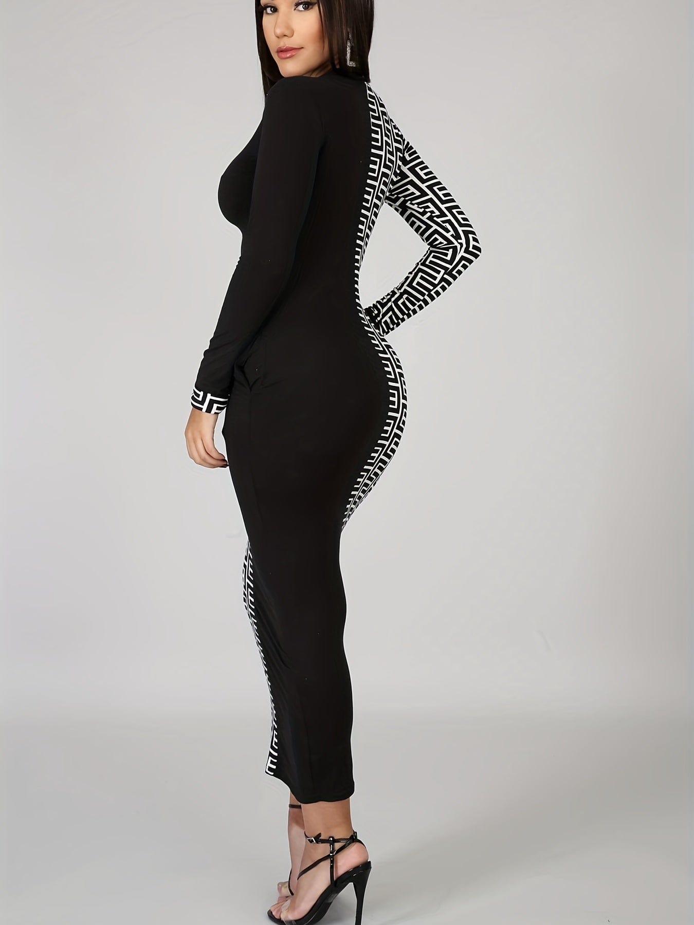 Geo Print Contrast Dress, Elegant Long Sleeve Bodycon Dress, Women's Clothing Alpha C Apparel