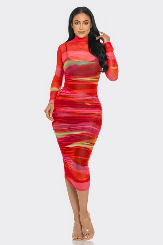 Glitch Print Mesh Ruched Midi Dress Alpha C Apparel