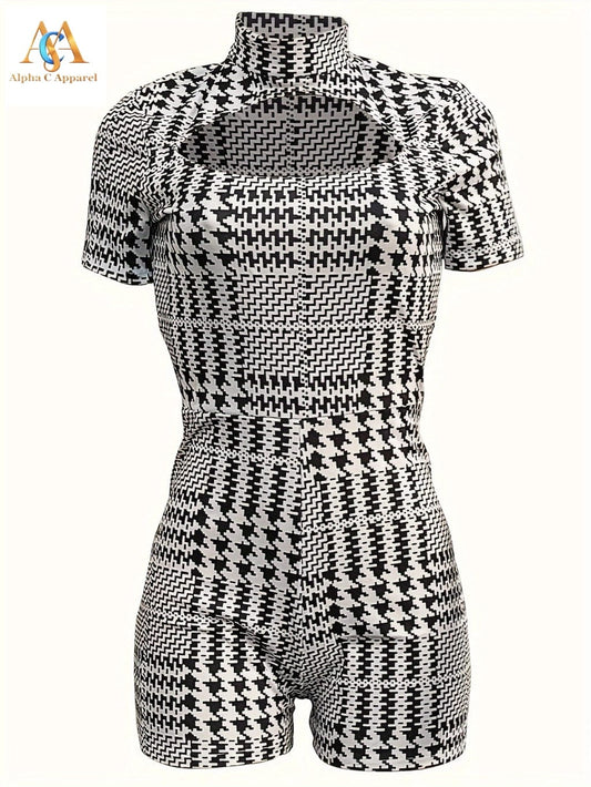 Houndstooth Cut Out Romper Jumpsuit Alpha C Apparel