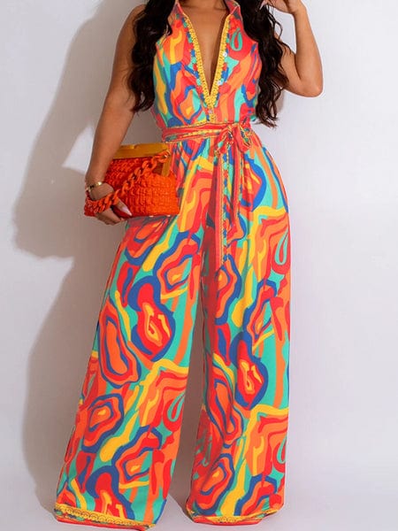 Women's clothing printed sleeveless casual V-neck wide leg jumpsuit HW5SUAN5B4 Jumpsuits Alpha C Apparel 2XL / Orange