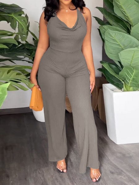 V-Pile Tie - Up Backless Casual Wide-Leg Jumpsuit
 HWUBKQ2MHQ Jumpsuits Alpha C Apparel L / L415 Grey