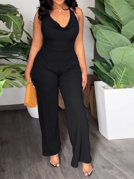 V-Pile Tie - Up Backless Casual Wide-Leg Jumpsuit
 HWUBKQ2MHQ Jumpsuits Alpha C Apparel M / L415 Black