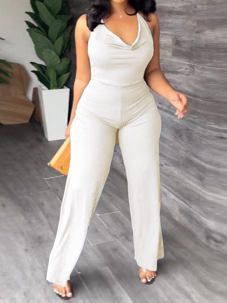 V-Pile Tie - Up Backless Casual Wide-Leg Jumpsuit
 HWUBKQ2MHQ Jumpsuits Alpha C Apparel M / L415 White