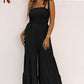 Black Tie Straps Shirred Casual Tiered Wide Leg Jumpsuit Jumpsuits & Rompers Alpha C Apparel