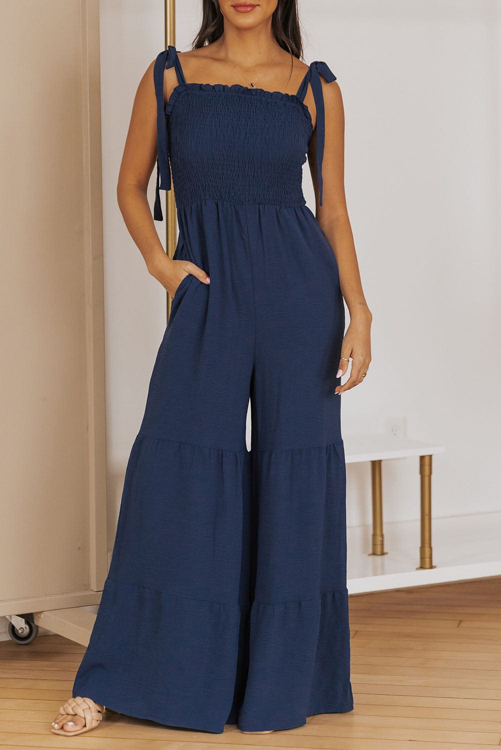 Black Tie Straps Shirred Casual Tiered Wide Leg Jumpsuit Jumpsuits & Rompers Alpha C Apparel