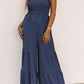 Black Tie Straps Shirred Casual Tiered Wide Leg Jumpsuit Jumpsuits & Rompers Alpha C Apparel Blue / S