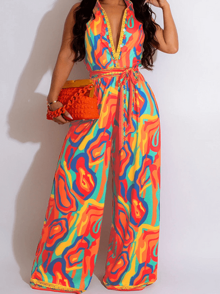 Women's clothing printed sleeveless casual V-neck wide leg jumpsuit HW5SUAN5B4 Jumpsuits Alpha C Apparel S / Orange