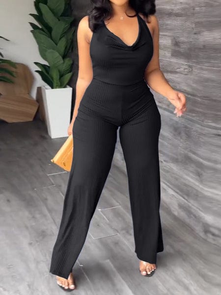 V-Pile Tie - Up Backless Casual Wide-Leg Jumpsuit
 HWUBKQ2MHQ Jumpsuits Alpha C Apparel